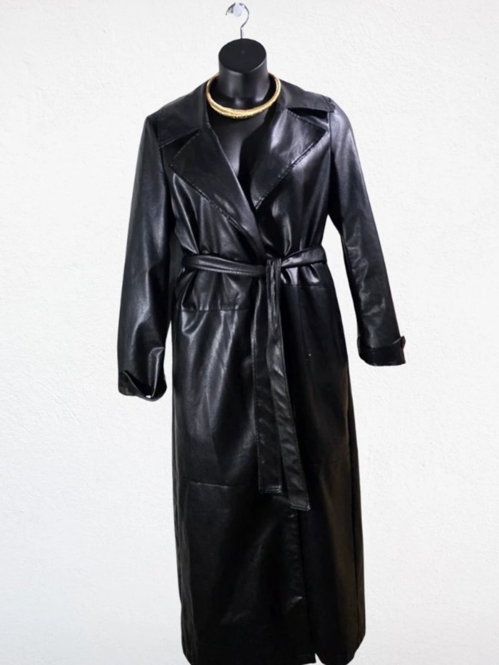 Black Faux Leather Trench Coat - Women's Long Wrap Coat